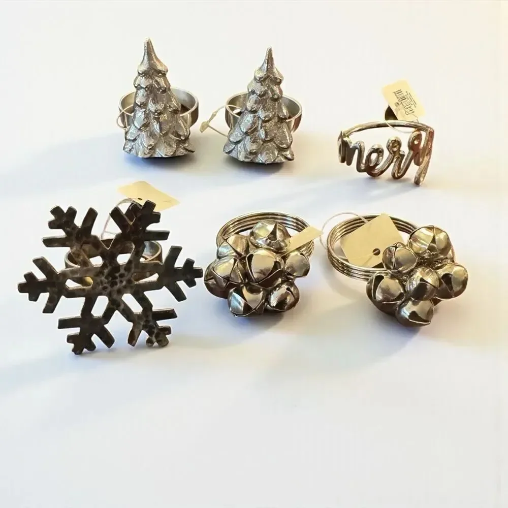 Set of 6 Crate&Barrel Christmas Holiday Silver Napkin Rings
